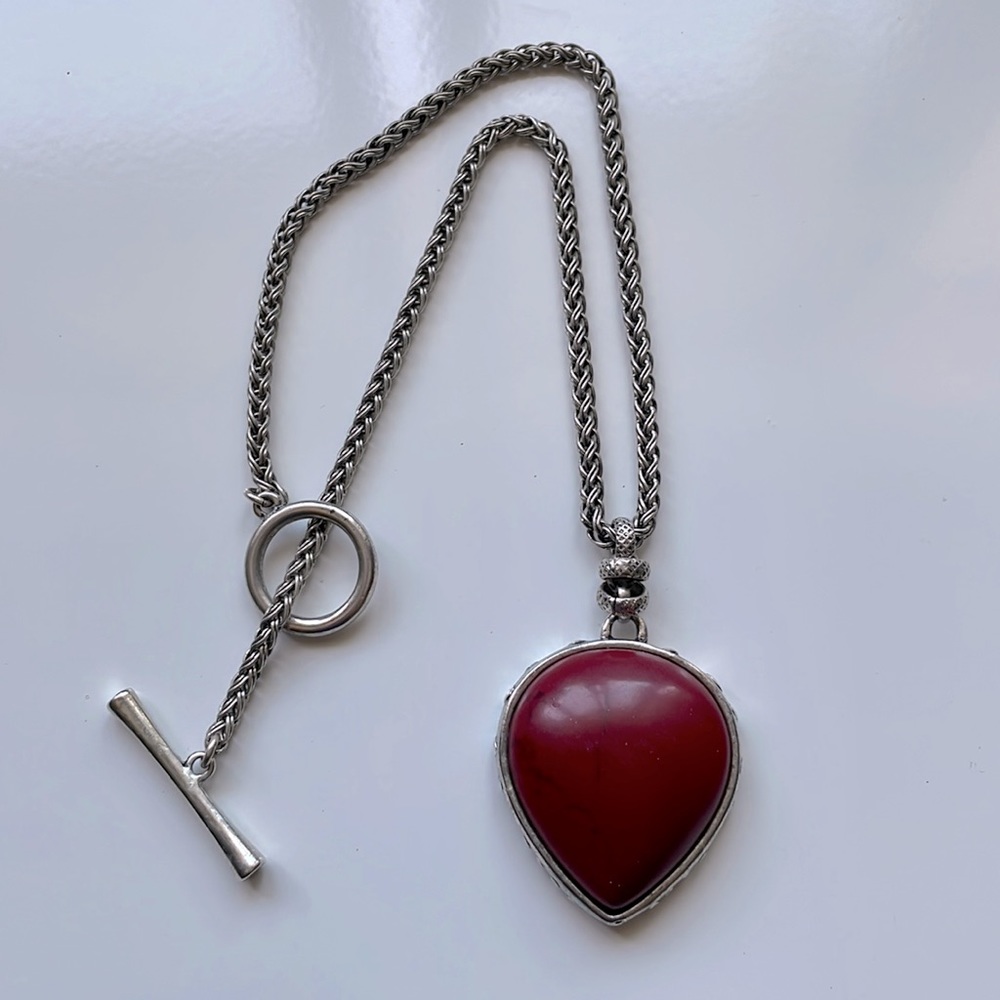 Lucky Brand Red Pendant Necklace, Silver tone Chain, Toggle clasp